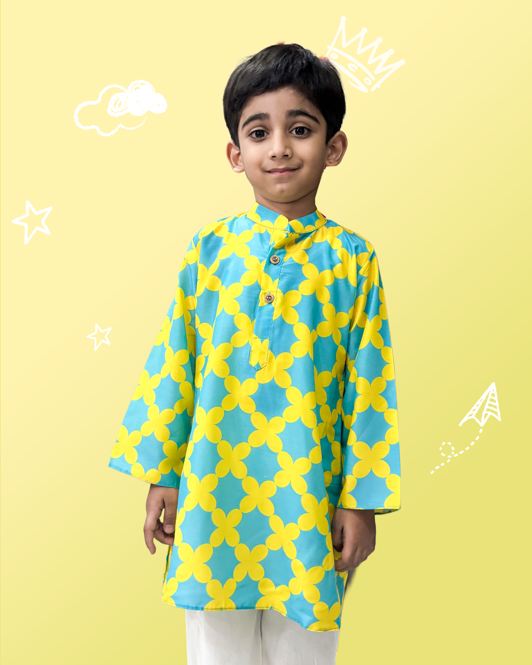 Abstract Print Yellow & Blue Kurta Pyjama Set