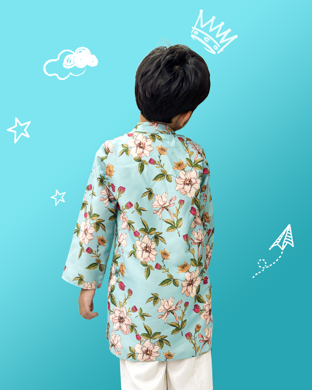 Floral Print Turquoise Kurta Pyjama Set