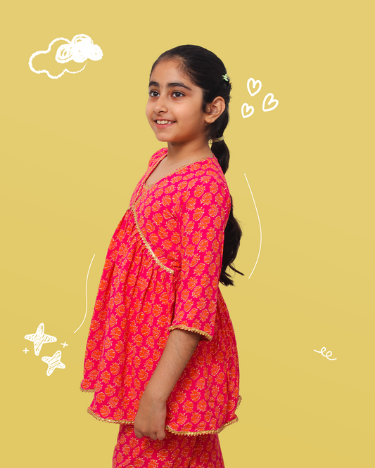 Girls Pink Floral Kurta Set