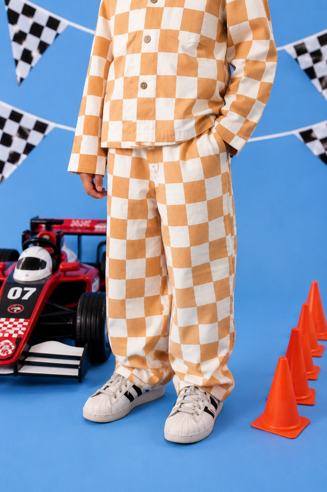 Kids Beige & White Checkerboard Cotton Pants