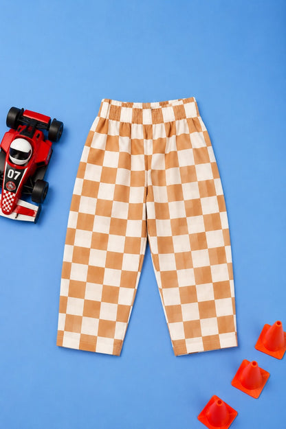 Kids Beige & White Checkerboard Cotton Pants