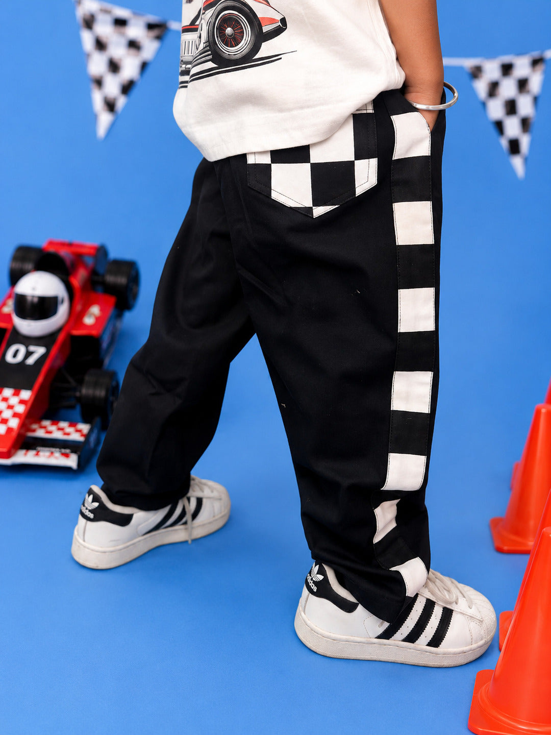 Kids Black Racing Stripe Cotton Pants