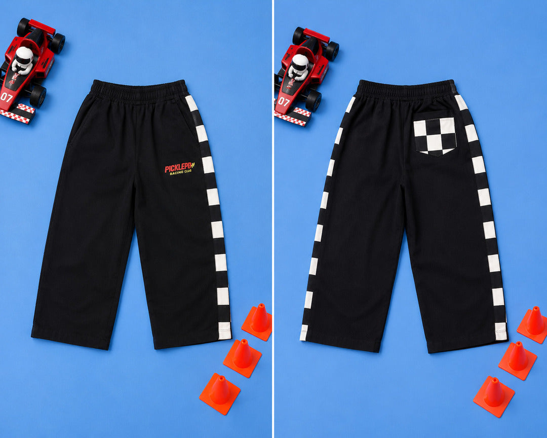 Kids Black Racing Stripe Cotton Pants