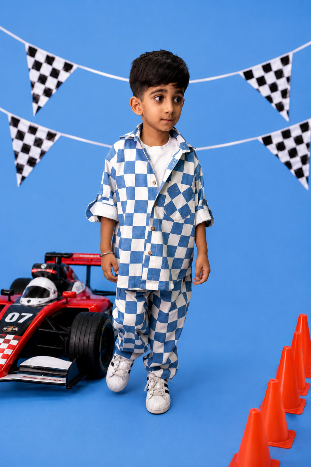 Kids Blue & White Checkerboard Cotton Pants