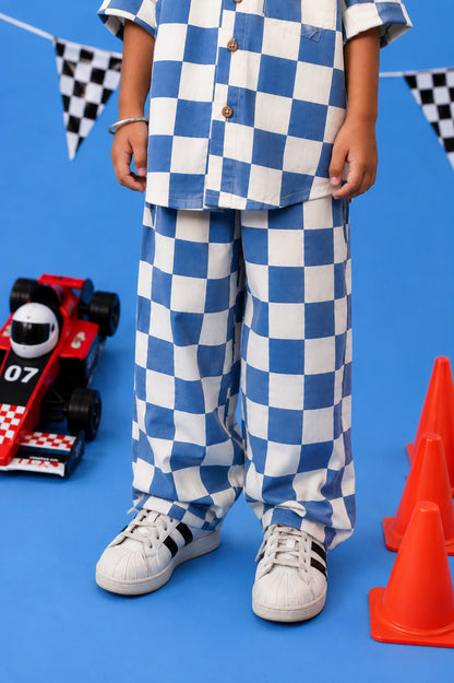 Kids Blue & White Checkerboard Cotton Pants