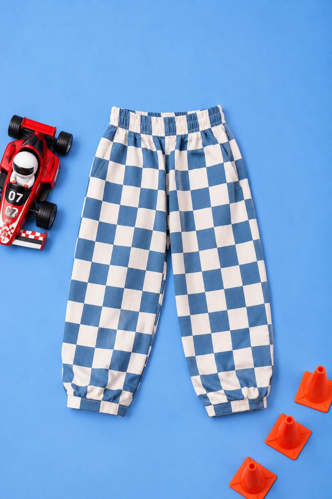 Kids Blue & White Checkerboard Cotton Pants