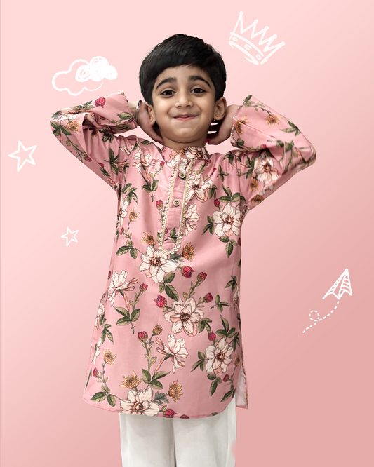 Floral Print Pink Kurta Pyjama Set