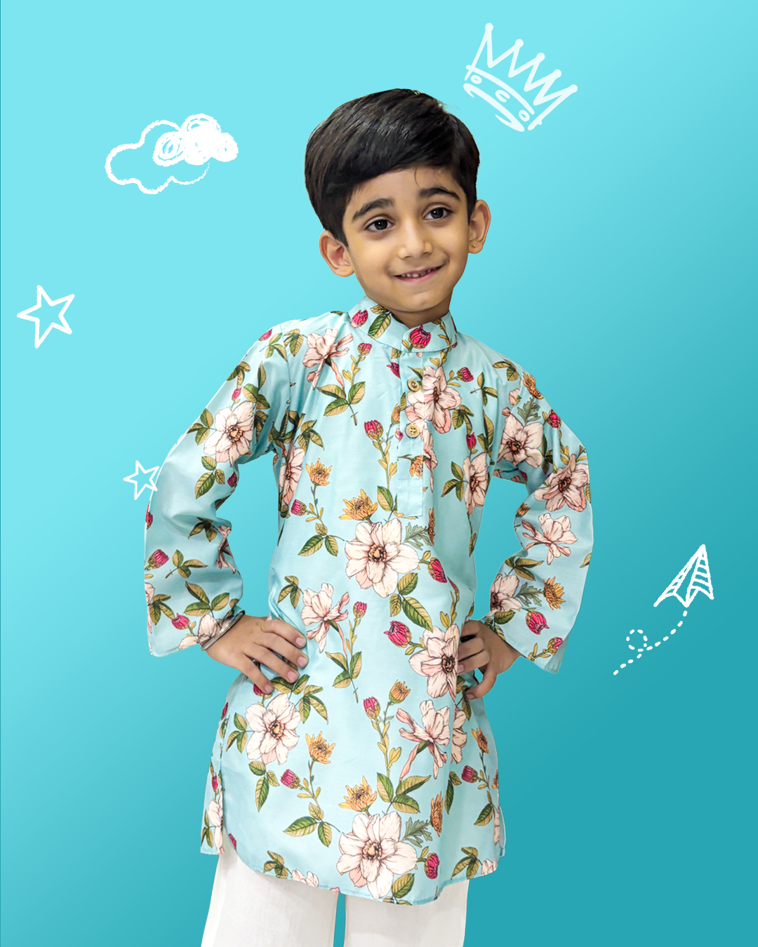 Floral Print Turquoise Kurta Pyjama Set