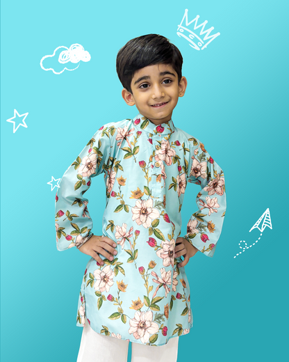 Floral Print Turquoise Kurta Pyjama Set
