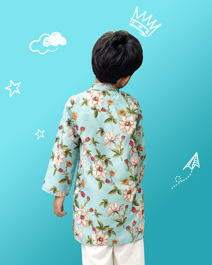 Floral Print Turquoise Kurta Pyjama Set