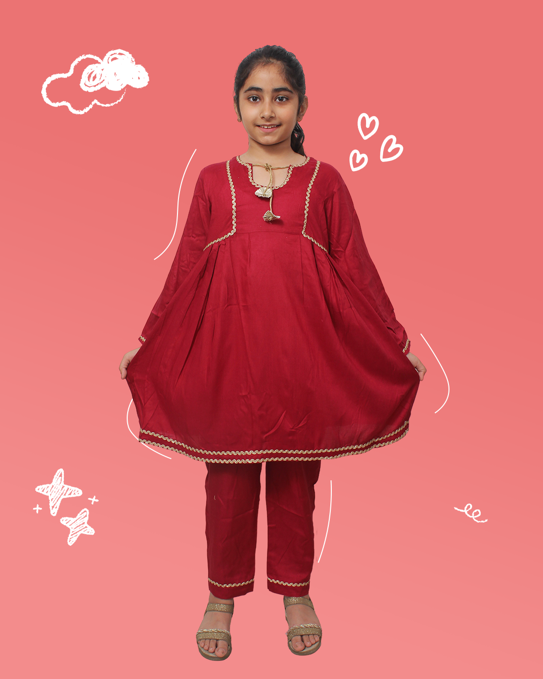 Girls Red Kurta Set Peplum