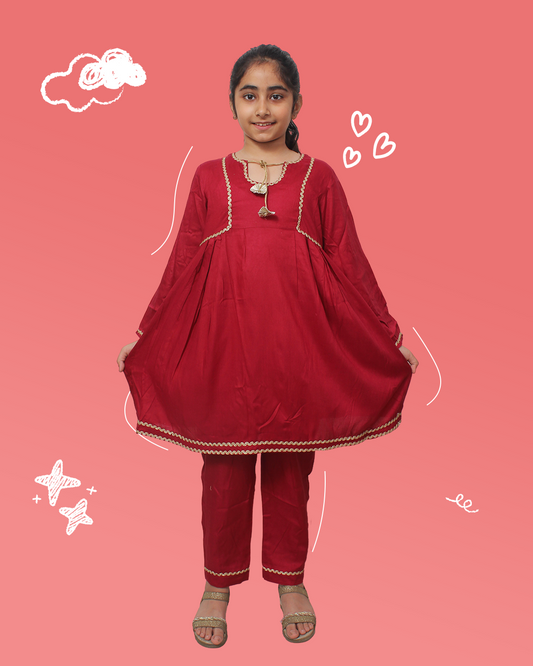 Girls Red Kurta Set Peplum