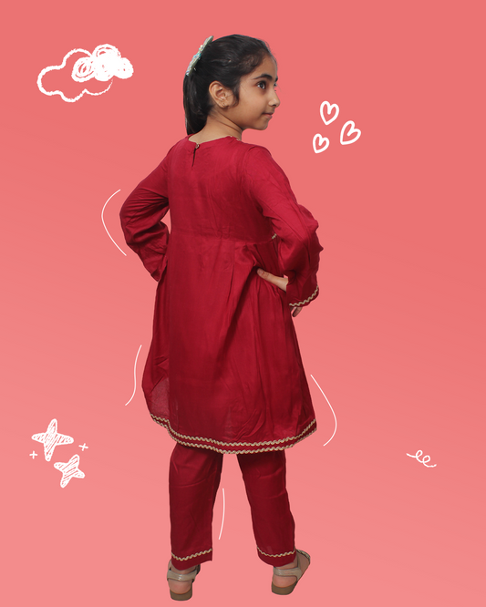 Girls Red Kurta Set Peplum