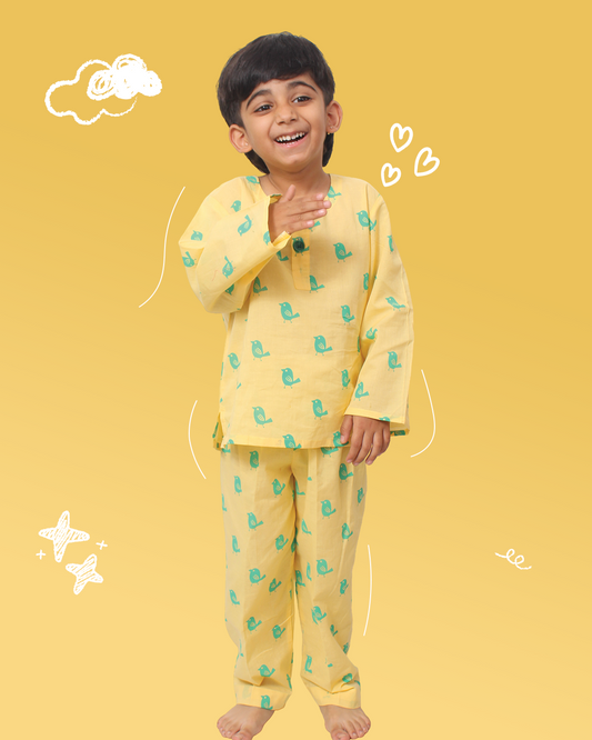 Kids Bird Print Yellow Night Suit