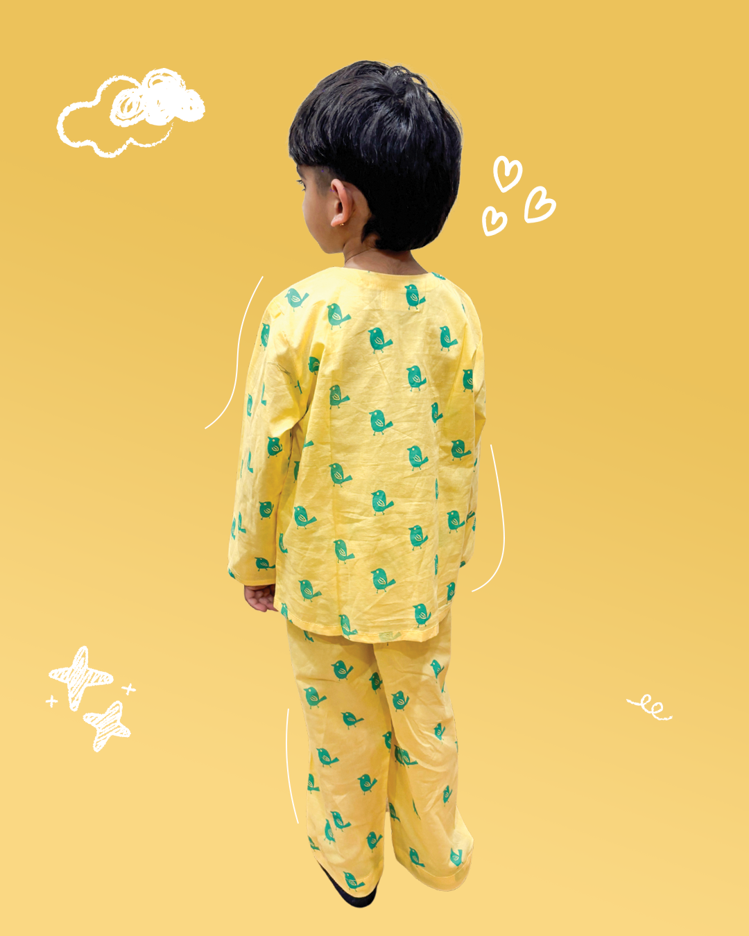 Kids Bird Print Yellow Night Suit