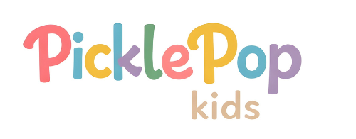 Colorful 'PicklePop kids' text on a white background