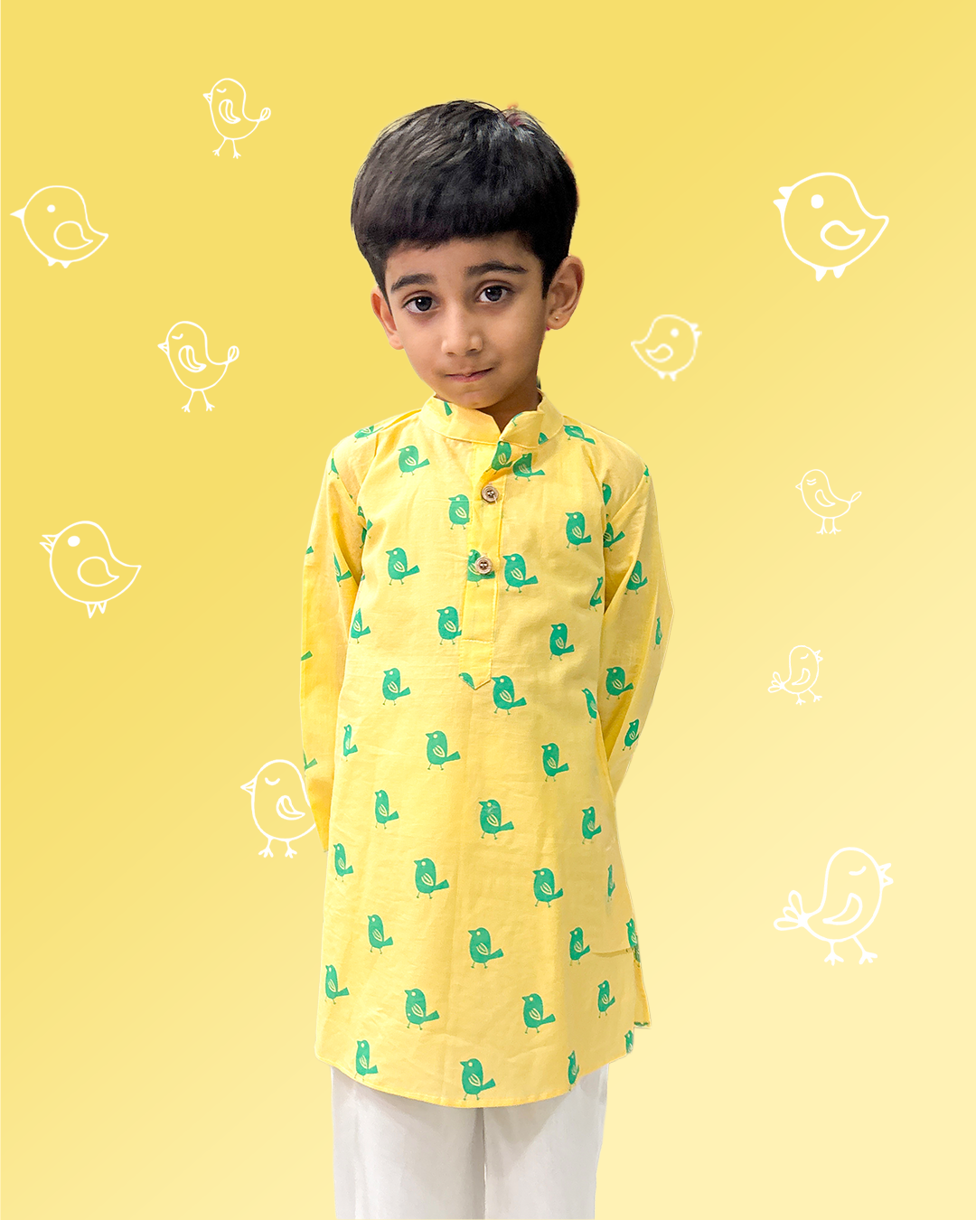 Yellow Bird Print Kurta Pyjama Set