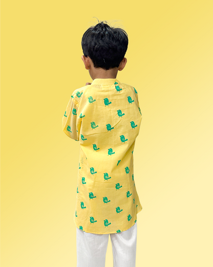 Yellow Bird Print Kurta Pyjama Set