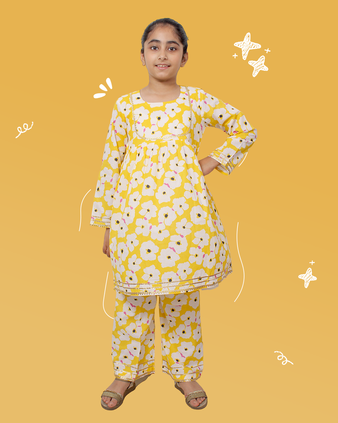 Girls Yellow Floral Kurta Set
