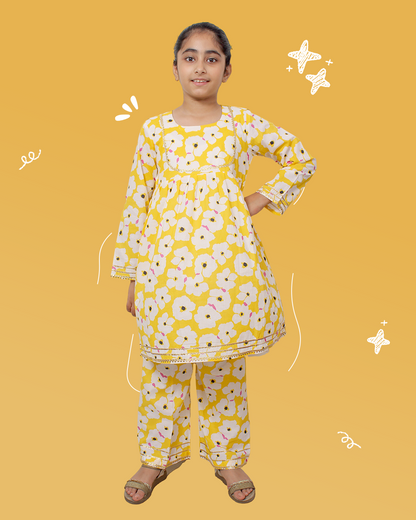 Girls Yellow Floral Kurta Set