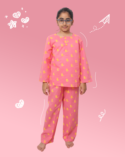 Girls Night Suit Bird Print Pink